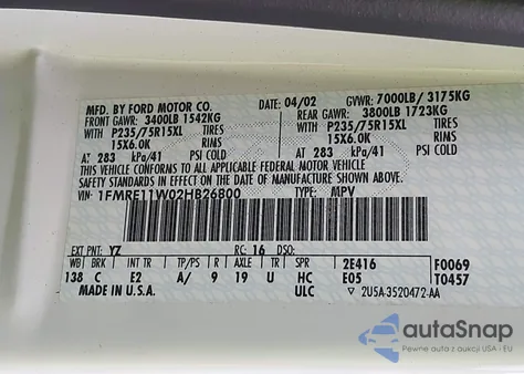 2002 Ford Econoline Xl/Xlt из США, поврежденный, VIN 1FMRE11W02HB26800